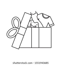 gift box present with clothes and video game control vector illustration design