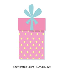 Gift box, present in colorful wrapped in flat style. Element design for Christmas, Valentines day, sale, shopping. Isolated on white background. Vector illustration.