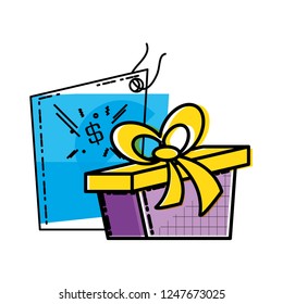 gift box present with commercial tag hanging