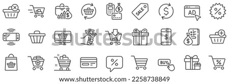 Gift box, Present coupon and Sale offer tag signs. Shopping line icons. Shopping cart, surprise gift and Delivery symbols. Speech bubble, Discount tag coupon , Credit card. Online sale. Vector