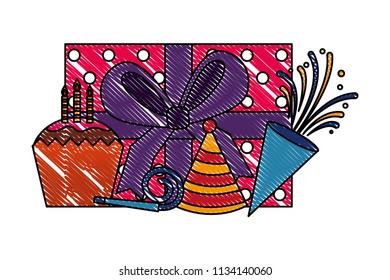gift box present with cupcake and accessories of party
