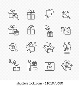Gift box, present, discount offer line icon set isolated on transparent background. Price tag, gift card, search sale signs. Vector outline stroke symbols for christmas, birthday surprise design.