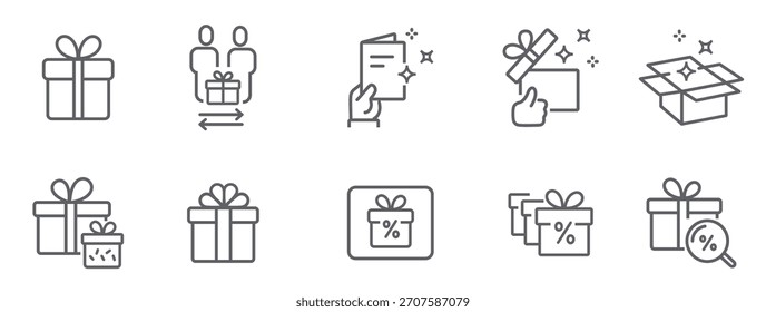 Caja de regalo, presente, línea de oferta de descuento conjunto de iconos aislado sobre fondo transparente. Etiqueta de Precio, Tarjeta de regalo, signos de venta de búsqueda