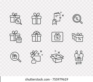 Gift Box, Present, Discount Offer Line Icon Set Isolated On Transparent Background. Price Tag, Gift Card, Search Sale Signs. Vector Outline Stroke Symbols For Christmas, New Year Surprise Design
