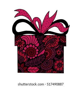 Gift box present filled with floral zendoodle ornate. Vector image isolated on white background