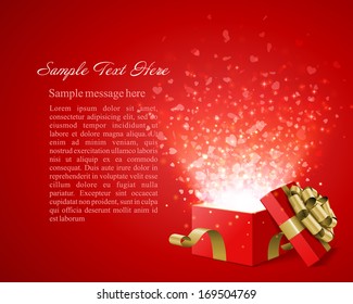 Gift box present with fly hearts. . Happy Valentine's day card.