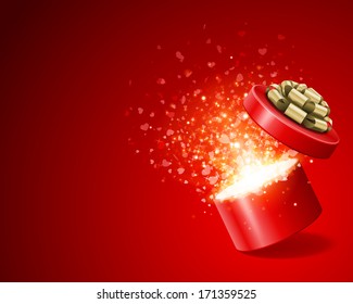 Caja de regalo con corazones de mosca. Feliz día de San Valentín. 