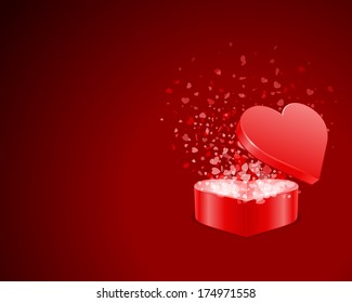 Gift box present with fly hearts. . Happy Valentine's day card. 