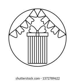 gift box present in frame circular with garlands hanging