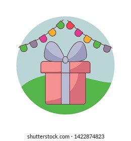 gift box present with garlands in frame circular