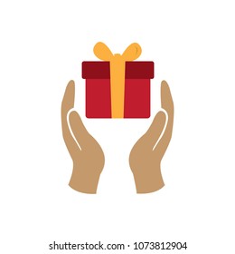 Gift box or present giving vector icon, gift in hands color