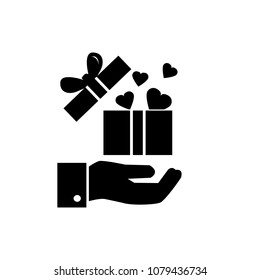  Gift box or present giving vector icon, open box with hearts