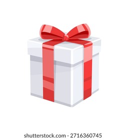 Geschenkbox für den Urlaub. Verpackte Box für Weihnachts- oder Geburtstagsgeschenke mit rotem Band und Schleife. Objektausschnitt isoliert. Vektorgrafik..