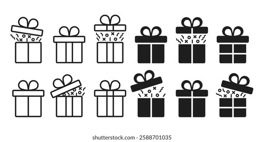 Gift box present icon set. Surprise holiday boxes with bow and ribbon. Gift wrapping confetti isolated on white background. Vector illustration.