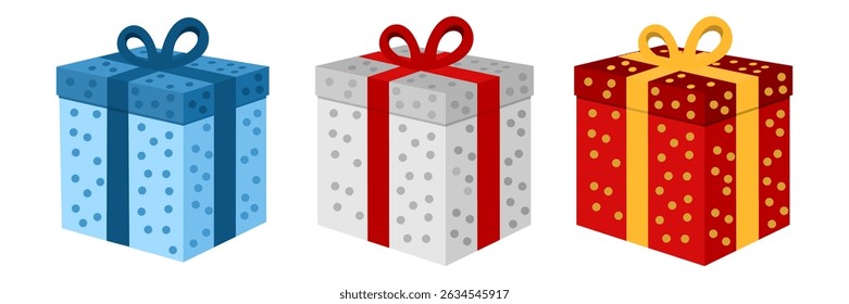 Gift box present icon set, color gift boxes clip art, colored gift box with ribbon, flat design illustration