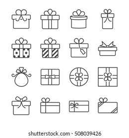 Gift Box And Present Line Icon. Included The Icons As Prize, Ribbon, Decoration, Parcel, Round Box, Package And More.