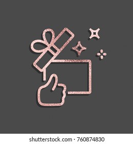 Gift box, present line icon isolated on gray background. Rose gold foil gift surprise sign. Vector pink glossy grunge texture outline stroke symbol for Christmas, New Year, birthday design