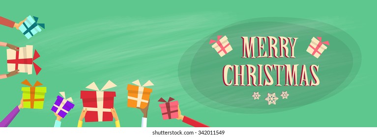 Gift Box Present Merry Christmas Happy New Year Banner Flat Vector Illustration