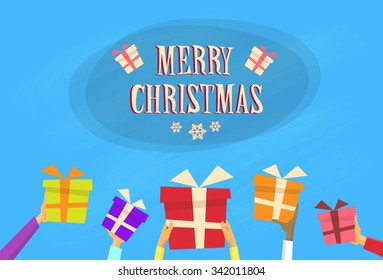 Gift Box Present Merry Christmas Happy New Year Banner Flat Vector Illustration