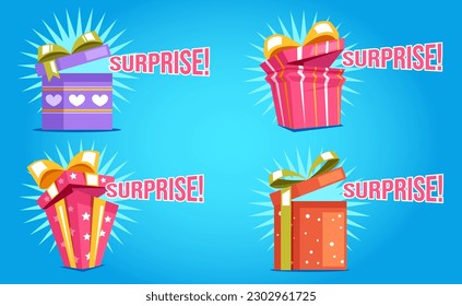 Gift box present open surprise package birthday concept. Vector graphic design element illustration