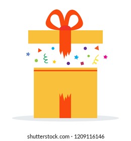 Gift Box Present in Opened Yellow Box With Red Ribbon Vector Illustration Icon in White Background. Surprise in The Gift Box.