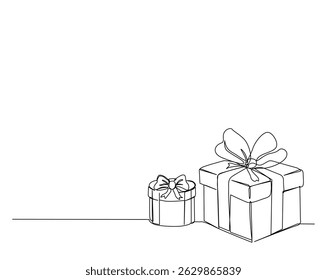 Caixa de presente ou ilustração de desenho de contorno de caixa presente. um desenho de linha contínua da caixa de presente com fita.