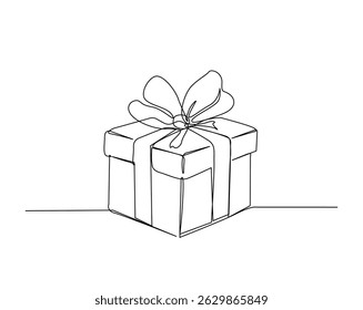 Gift box or present box outline drawing illustration. one continuous line drawing of gift box with ribbon.
