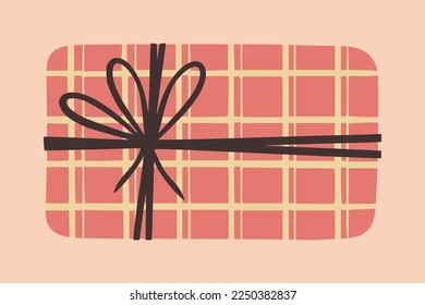 Gift box. Present package wrapped in festive paper wrapping with tied bow, ribbon, twine string. Christmas, Xmas, valentine's day, birthday and New Year present in wrapping paper.  Flat illustration.