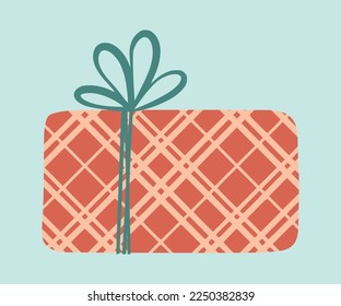 Gift box. Present package wrapped in festive paper wrapping with tied bow, ribbon, twine string. Christmas, Xmas, valentine's day, birthday and New Year present in wrapping paper.  Flat illustration.