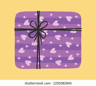 Gift box. Present package wrapped in festive paper wrapping with tied bow, ribbon, twine string. Christmas, Xmas, valentine's day, birthday and New Year present in wrapping paper.  Flat illustration.