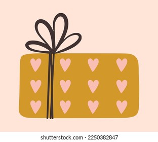 Gift box. Present package wrapped in festive paper wrapping with tied bow, ribbon, twine string. Christmas, Xmas, valentine's day, birthday and New Year present in wrapping paper.  Flat illustration.