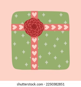 Gift box. Present package wrapped in festive paper wrapping with tied bow, ribbon, twine string. Christmas, Xmas, valentine's day, birthday and New Year present in wrapping paper.  Flat illustration.