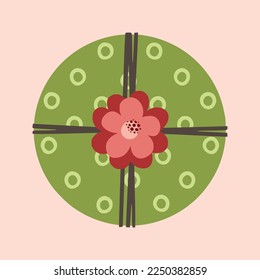 Caja de regalo. Paquete actual envuelto en papel festivo envuelto con arco atado, cinta, cuerda de dos. Navidad, Navidad, Día de San Valentín, cumpleaños y Año Nuevo presentes en papel envolvente.  Ilustración plana.