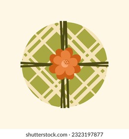 Gift box. Present package wrapped in festive paper wrapping with tied bow, ribbon, twine string. Christmas, Xmas, valentine's day, birthday and New Year present in wrapping paper. Flat illustration.