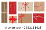 Gift box, present, packaging, envelope with bow, ribbon, rope with kraft paper tag. Set different sizes in flat style isolated on white background for birthday, New Year, Christmas. Vector EPS10