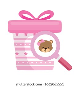gift box present pink with magnifying glass vector illustration design