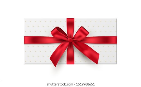 Gift box, present realistic vector illustration. Birthday, christmas holiday, wedding anniversary celebration accessory top view. 3D container with red ribbon bow isolated on white background