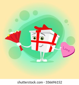 Gift Box Present Red Bow Hold Flowers Bouquet Candy Cartoon Character Concept Emotion Happy Smile Face Flat Vector Illustration