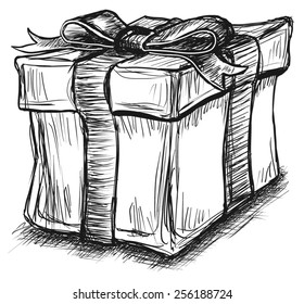 Gift Box Present Ribbon Bow Sketch Line Art Illustration Vector 