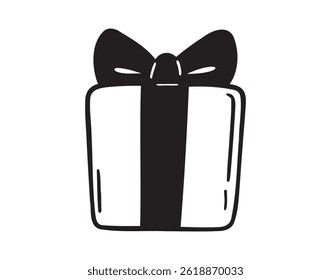 Caja de regalo presente con el icono de lazo de cinta doodle dibujado a mano. Clipart de línea de caja de regalo de dibujo de contorno. Ilustración vectorial