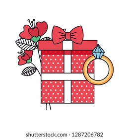 gift box present with roses and engagement ring