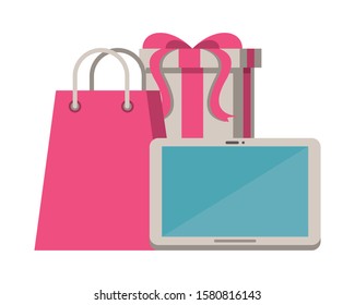 gift box present and shopping bag with tablet device vector illustration design