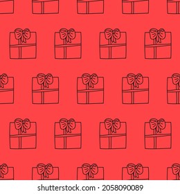 Gift box with a present, stroke on red, hand drawing seamless pattern vector illustration