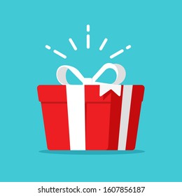 Gift box present surprise symbol or magic prize win vector illustration flat cartoon, idea of giveaway reward or award red paper box with ribbon and bow isolated