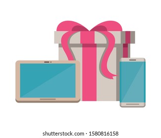 gift box present with tablet and smartphone devices vector illustration design
