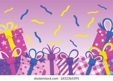 Gift Box Present with Various Bright Colorful Wrapper Cartoon for Background Vector