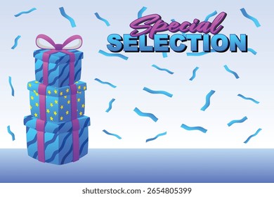 Caja de regalo presente con varios dibujos animados coloridos brillantes de la envoltura y del confeti para el Vector de fondo
