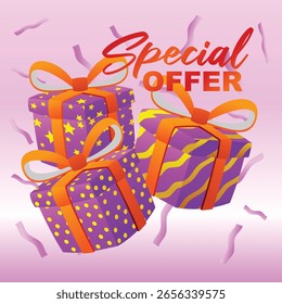 Gift Box Present with Various Bright Colorful Wrapper and Confetti Cartoon for Background Vector