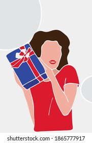 Gift Box, Present Box Vector Art Illustration. Birthday gift. European woman