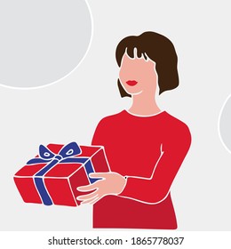 Caja de regalo, Ilustración de arte del vector de caja actual. Regalo de cumpleaños. Mujer europea